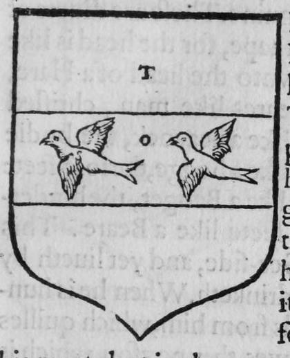 A shield Tenne, on a fess Or two swallows volant Sable, marked T, O.