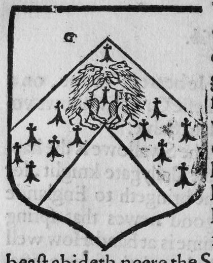A shield Gules, on a chevron Ermine two porcupines combatant, marked G.