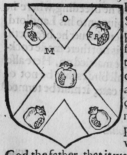 A shield Or, on a saltire Sanguine five pomegranates, marked O, M.