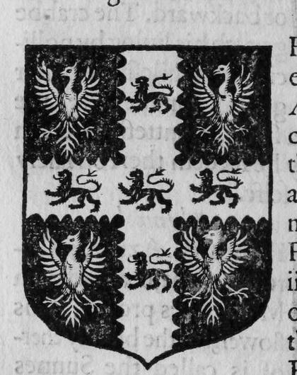 A shield Sable, a cross engrailed between four eagles displayed, charged with five lions.