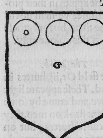 A shield Gules, three bezants in chief, marked O, G.