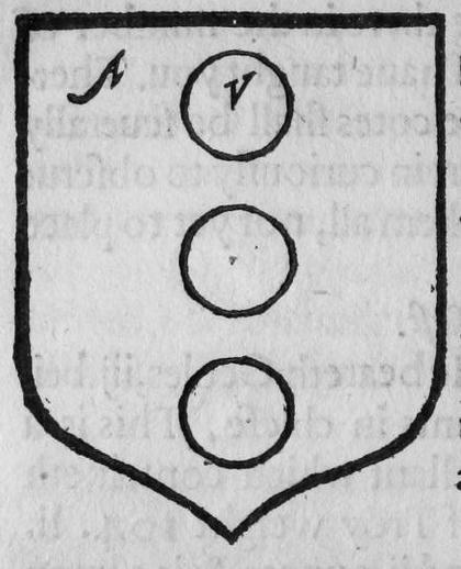 A shield Argent, three pomeis in pale, marked A, V.