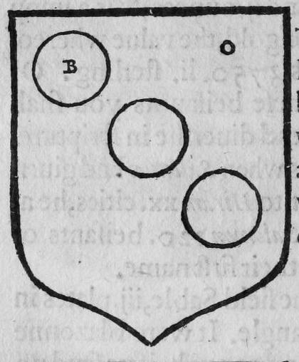 A shield Or, three hurts in bend, marked B, O.