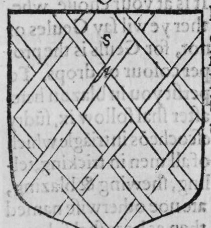 A shield Sable, a fretty of eight, marked S.