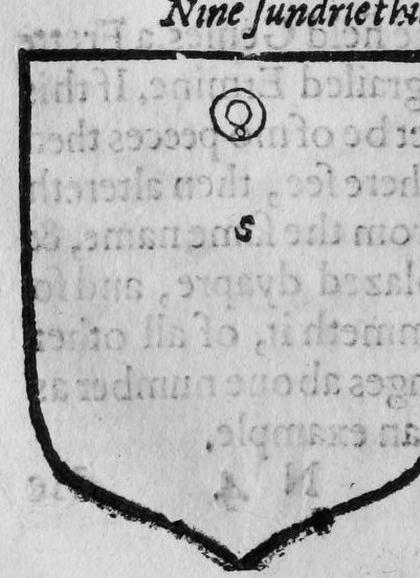 A shield Sable, a plate between three towers, marked Q, S, M.