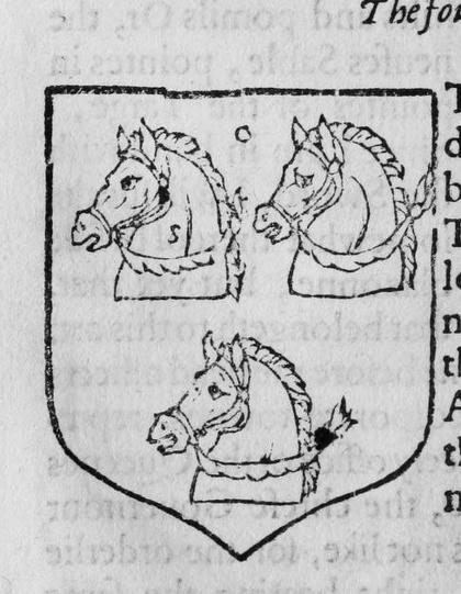 A shield Or, three horses' heads couped, marked O, S.