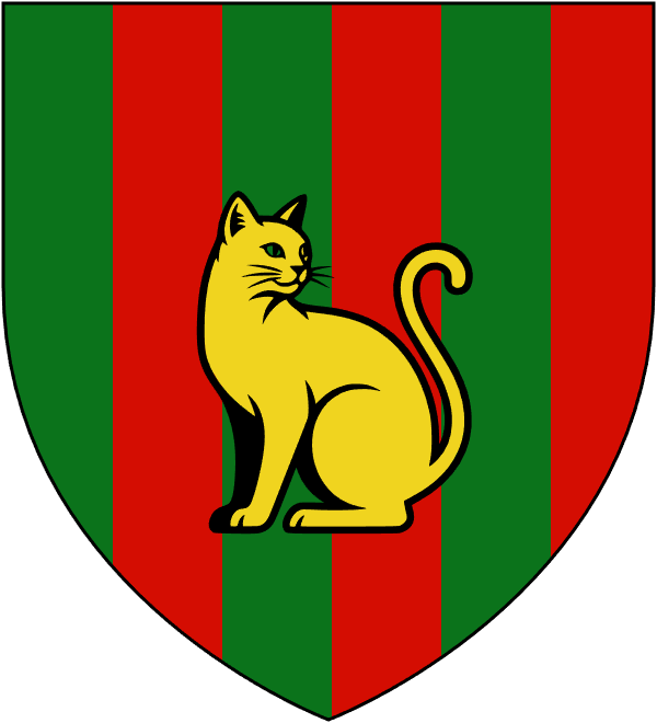 A heraldic device displaying a yellow housecat on a green and red striped shield