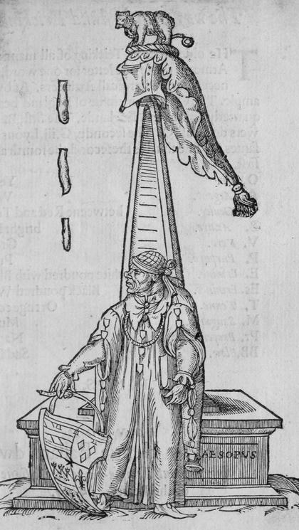A standing figure in a long robe beside a tomb inscribed AESOPVS.