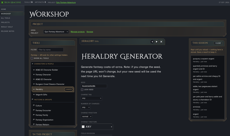 Screenshot of the Iron Arachne Workshop, with the Heraldry tool open beside the project tools and session results